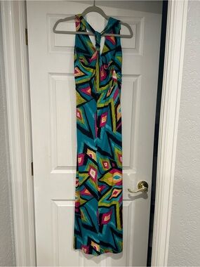Purple Rain Teal Multicolor Geometric Halo-Neck Maxi Dress